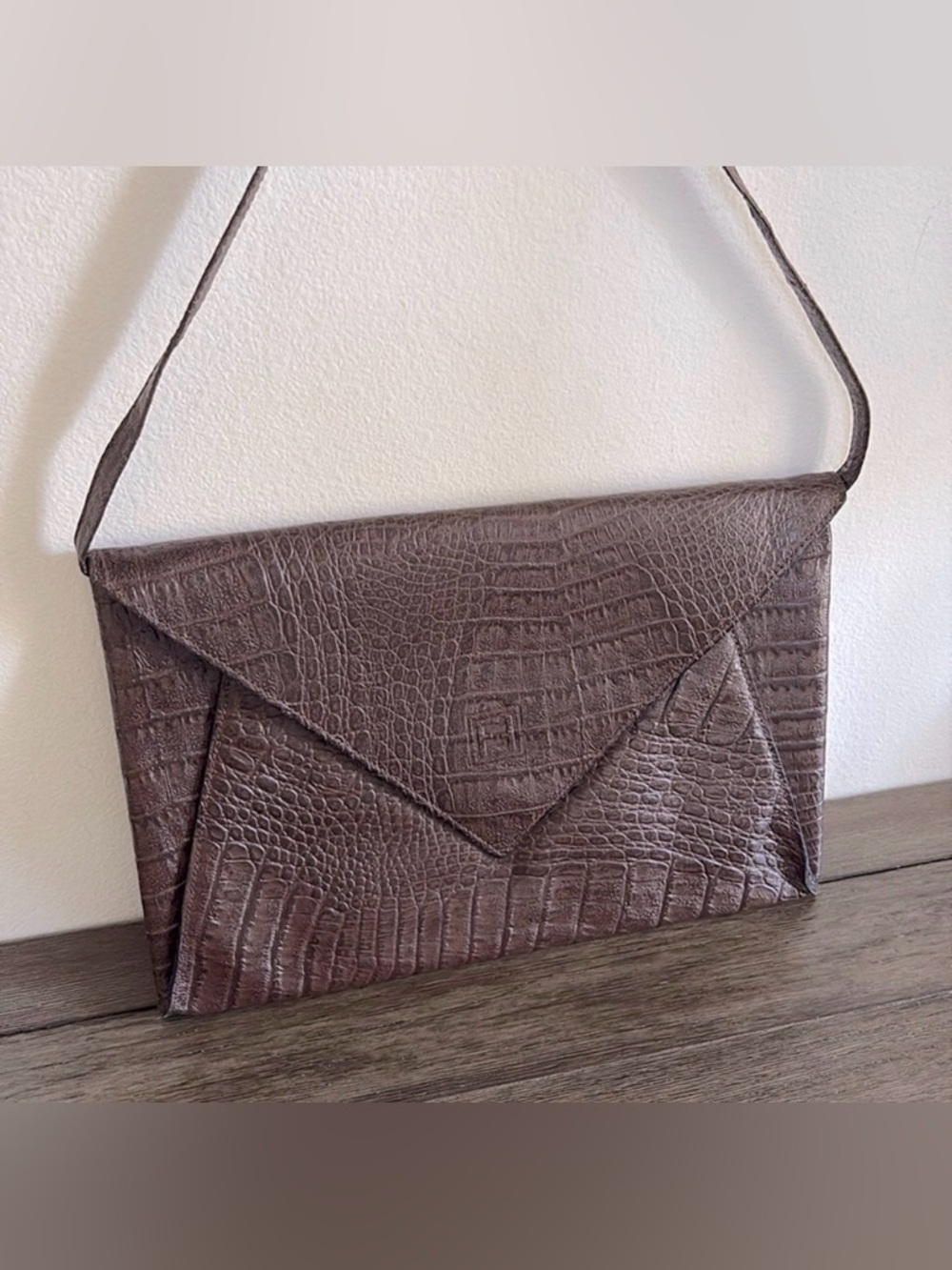 [Fendi] Vintage Multi-Carry Brown Leather Croc-Embossed Envelope Handbag/Clutch